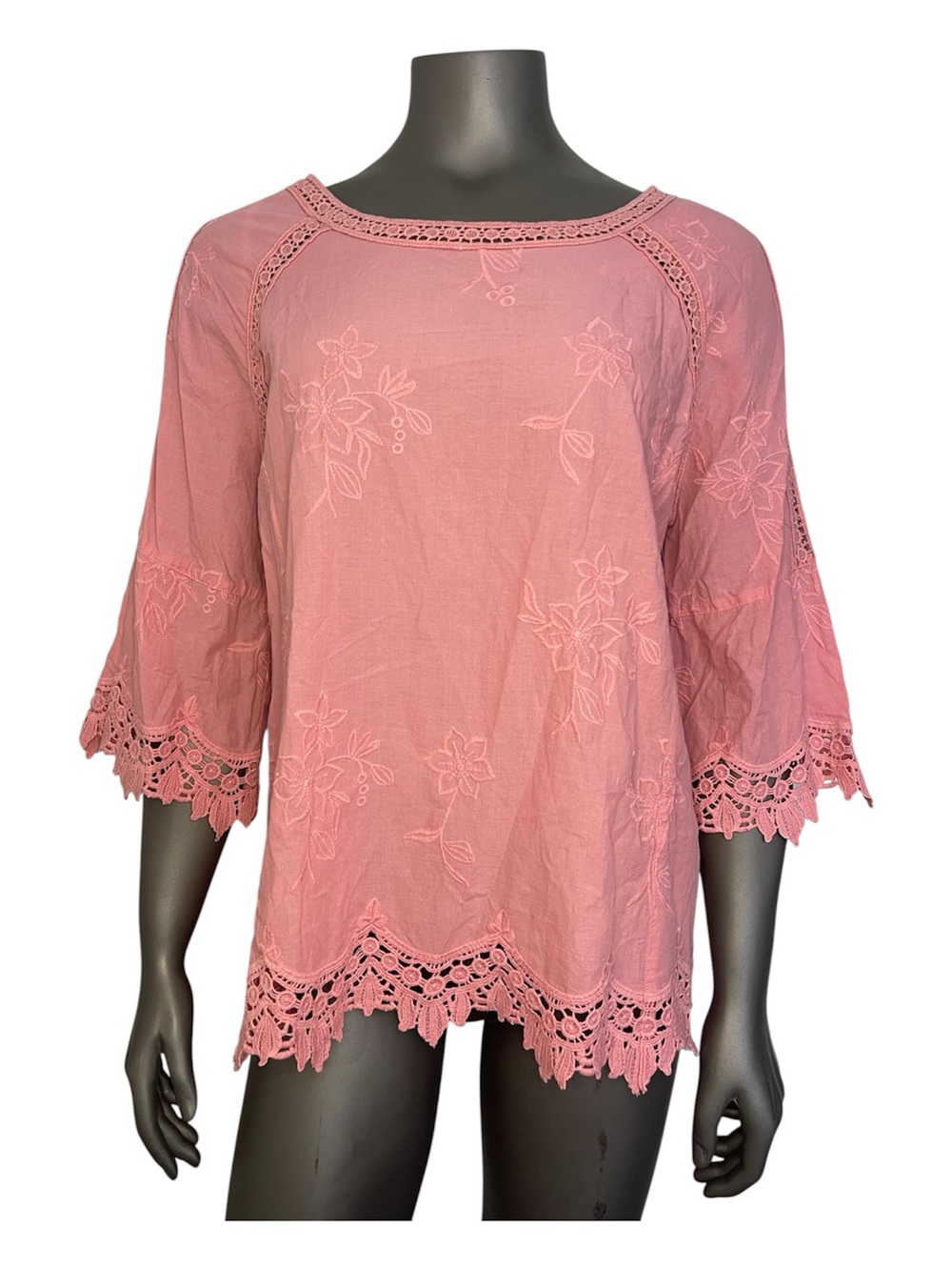 Ali Miles Top L Pink Tunic Crochet Trim Cotton Floral Embroidered Boxy Boat Neck